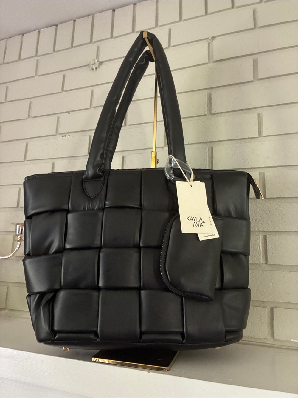 Black Quilted Vegan Leather Shoulder Tote Bag
